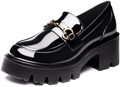 Elvora Black Platform Loafers for Women - Women's Slip-On Patent Leather Loafers, Chunky Comfort Shoes for Work & Dressy Occasions