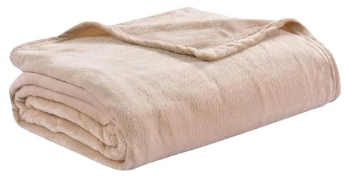 Giosal Coperta In Pile 200x220cm Plaid Per Divano Per Letto Matrimoniale Morbida Calda e Confortevole Invernale Tinta Unita Vari Colori (Beige)