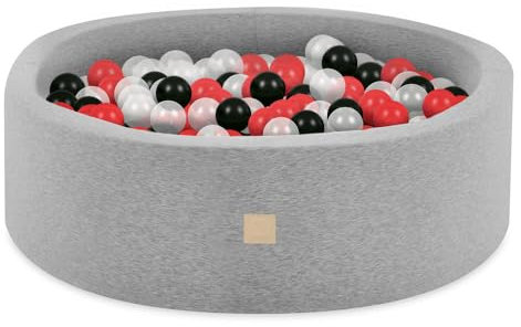MISIOO Smart Bällebad - Kinder für Baby Zimmer - 200 Bälle - Spielzeug - Maschinenwaschbar - Öko-Tex - 90 x 30 cm - Hellgrau - Rot/Schwarz/Transparent