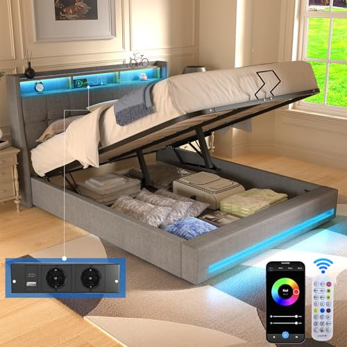 Oyajia Polsterbett 140x200 cm Schwebebett mit LED-Beleuchtung, Kopfteil und Ladestation(2 AC-Steckdosen, 1 USB-Anschlüsse), Hydraulisch Anhebbarer Bett mit Stauraum,Lattenrost, Doppelbett, Leinen
