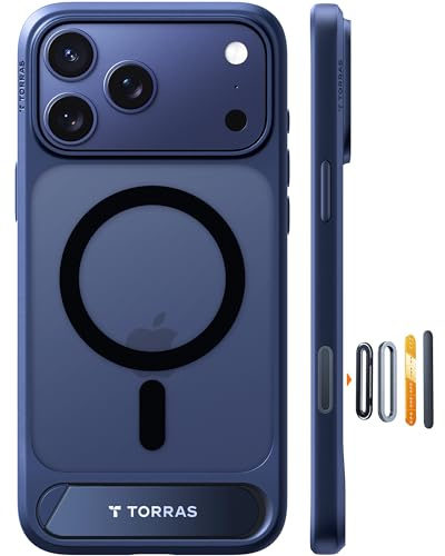 TORRAS OStand L1 for iPhone 17 Pro Case – Durable Titanium Stand, Compatible with Magsafe, Camera Button Shield, 12FT Drop Protection for iPhone 17 Pro Cover – Navy Blue