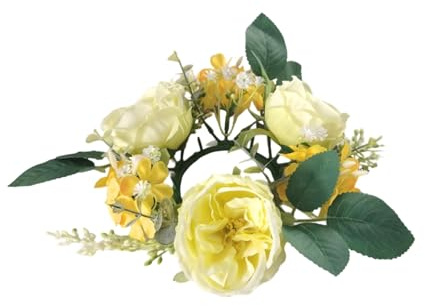 Realistic Artificial Dahlia Candle Wreath Ring,3.15'' Floral Garland Candle Stick Wreaths, Tea Light Holders Decor Wedding Photography PropsTable Centerpieces (Yellow, One Size)