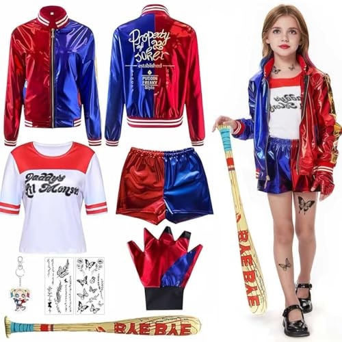 Shengruili Quinn Kostüm Damen,Quinn Cosplay Kostüme für Erwachsene,Mädchen Bösewicht Kostüm Kit Enthalten Jacke T-Shirt,Shorts,Handschuh und Ballon Stick,Quinn kostüm Halloween Karneval Cosplay