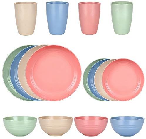 16PCS Pieces Plastic Dinnerware Set, Plastic Plates and Bowls Set for 4 | Unbreakable Food-Grade PP Dinnerware - Microwave & Dishwasher Safe, Reusable Tableware for Camping, Picnics & Daily Home Use