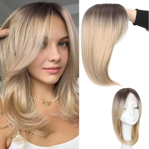WIGNEE Haar-Topper für Frauen Ombre Blonde 14 Zoll Clip-in Haarteil, Spitzenfront Handgeknoteter Synthetikhaar-Topper mit Pony für dünner werdendes graues Haar.