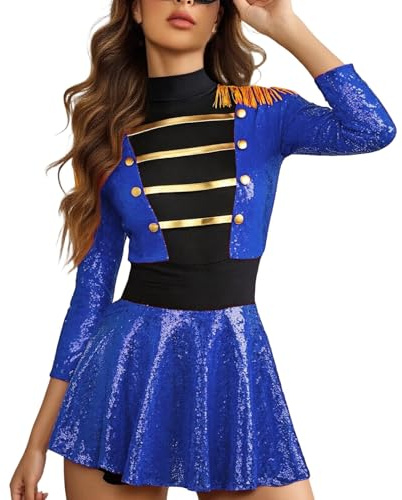 POIUIYQA Zirkus Kostüm Damen Akrobatik Anzug Pailletten Overall Langarm Body Fransen Quaste Jumpsuit Mit Handschuhe Schleife Hut Faschingkostüm