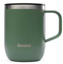 QWETCH - Thermobecher aus recyceltem Edelstahl mit Henkel – Khaki 350 ml – Thermobecher für Kaffee & Tee – 6 Stunden heiß & 12 Stunden kalt – Schiebeverschluss mit Spritzschutz & Teefilter geeignet