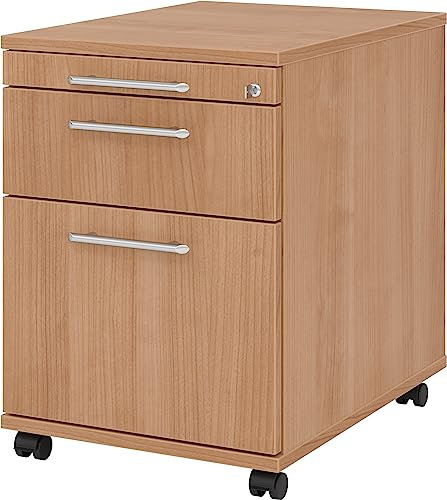 Bümö® Rollcontainer mit 2 Schüben & Schloss | Bürocontainer aus Holz | Tischcontainer mit Hängeregistratur | in 6 Dekoren (Nussbaum)
