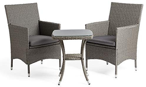 VonHaus Bistro Set for 2 - Rattan Effect Garden Table & Chairs with Removable Cushions - 3-Piece Grey Garden Furniture Set for Patio, Outdoors, Balcony & Conservatory - Bali