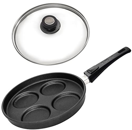 Eurolux Spiegelei Pfanne Ø 26 cm Induktion Set mit Deckel (Edelstahlrand) - induktive 4-Loch-Augenpfanne Aluguss - Muldenpfanne abnehmbarer Stiel & Antihaft-Beschichtung - Made in Germany