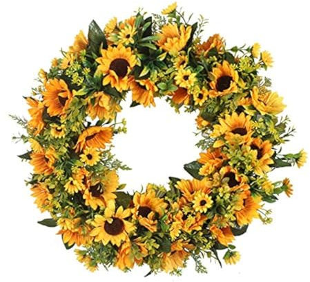 Couronne de tournesols JYCRA - Couronne de tournesols artificiels Verdure, été, Automne Couronne de Porte Faite à la Main pour la Maison, Le Jardin, la décoration de fête de Mariage, 40 cm