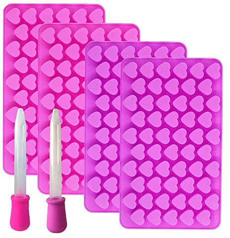 Bonbon Formen Silikon, Silikonform Herz Klein, 4pcs Silikon Backform Mini Herz, Mini Silikonform, Bonbon Formen Silikon Herz mit 2 Pipetten für Gelee, Schokolade, Gummibärchen, Süßigkeiten