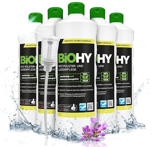 BiOHY KFZ Polster- & Lederpflege (6 x 1 Liter) + Dosierer | KFZ- Innenraum Aufbereitung & Lederpflege | hinterlässt angenehmen Geruch | Fleckenentferner für Autositze | ideal für Reinigungspistolen