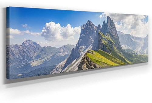 Bergpanorama Leinwand - Geißlergruppe Puez - als 150x50cm großes XXL Leinwandbild. Wandbild als Hintergrund und Deko für Wohnzimmer & Schlafzimmer. Aufgespannt auf Holzrahmen