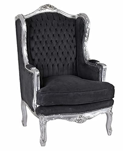 Ohrensessel Barock Silber Schwarz Ohrenbackensessel Sessel gepolstert cat560e02 Palazzo Exklusiv