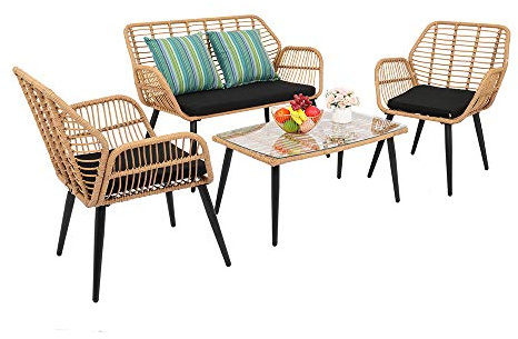 CU ALightUp - Ensemble de mobilier de jardin - Salon de jardin en résine tressée - Design rétro - Chaises et table - Marron