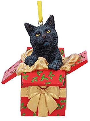 Nemesis Now Lisa Parker Present Black Cat Hanging Ornament 9cm, Resin, Cat in Festive Decoration, Cat Christmas Decoration, Cast in the Finest Resin, Expertly Hand-Painted
