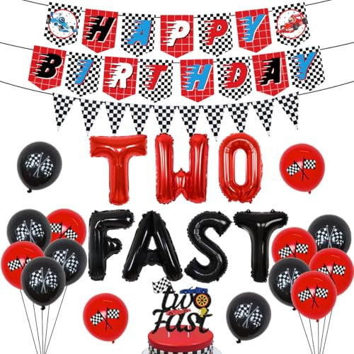 Sursurprise Two Fast Birthday Party Supplies 2nd Race Car Decorations for Boys Red Blue Checkered Happy Birthday Banner Racing Party Decorations