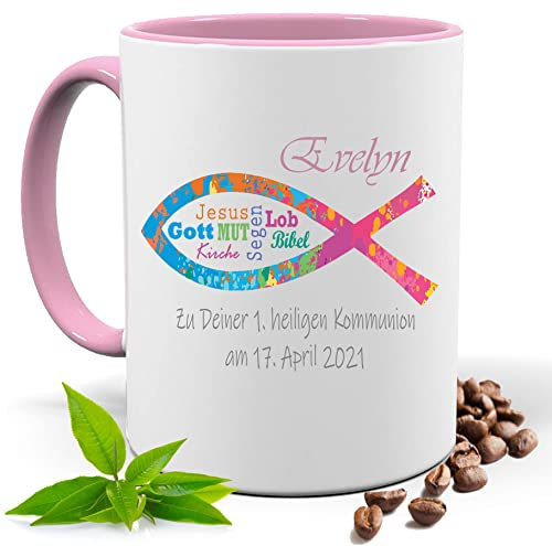 Kommunion Geschenk, bedruckte Bunte Fisch Tasse personalisiert mit Namen und Datum |Geschenk Idee| Kaffee Tee Tasse | Fototasse, Motivtasse | Kaffeetasse, Teetasse |Keramik (Rosa)