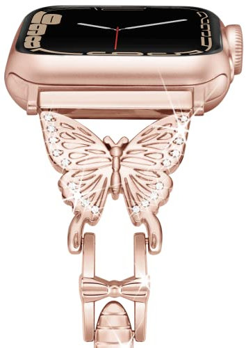 Vamyzji Kompatibel mit Apple Watch Armband 41mm 40mm 38mm, Elegant Metal Verstellbares Damen Mädchen Glitzer Schmetterlings iWatch band für Apple Watch Series 9 8 7 6 5 4 3 2 1 SE/SE2 Rosegold