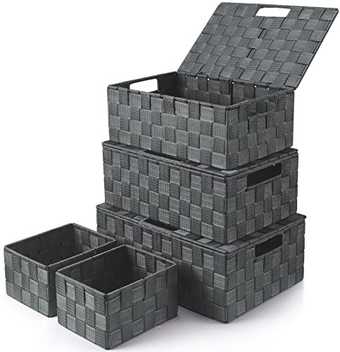 Uvellgift Aufbewahrungsbox 5er-Set, 34cm Aufbewahrungskorb mit Deckel Stapelbare Mehrzweck, Aufbewahrungsboxen zum Aufbewahrung und Organisieren von Badzimmer/Zimmer/Handtücher/Schminke (Grau)