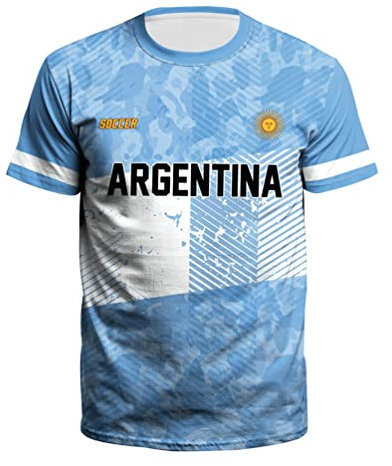 YuanDiann 2022 Katar Fußball Weltmeisterschaft T-Shirt Kurzarm Rundhals 3D Drucken Nationalflagge Fanshirt Sport Casual Atmungsaktiv Trikots Fussballshirts Herren und Damen Argentinien 2# L