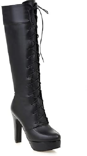 Botas altas hasta la rodilla de mujer punta redonda con cordones tacón alto tacón bloque con botas hechas a mano de caña larga para mujer za621, Negro , 37 EU