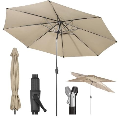 Sekey 350cm Sonnenschirm mit Kurbel und Auto Kippen,Marktschirm für Terrasse,Balkon & Garten,Windfest Stabil UPF 50+,Taupe,Rund