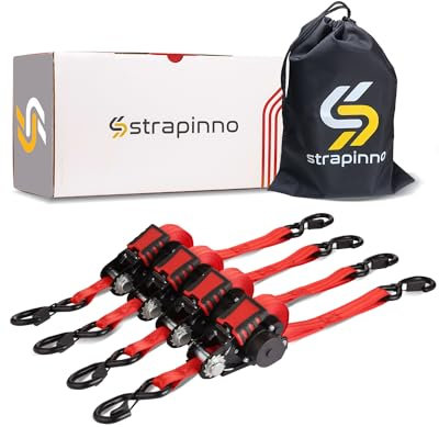 Strapinno Einziehbare Ratschengurte – 2,5 cm x 3,6 m, robuste Spanngurte, je 816,5 kg Bruchfestigkeit, S-Haken mit Sicherheitsclip, AutoRetract, zum Bewegen, Motorrad, Boot, Kajak und Ladung (4 Stück)