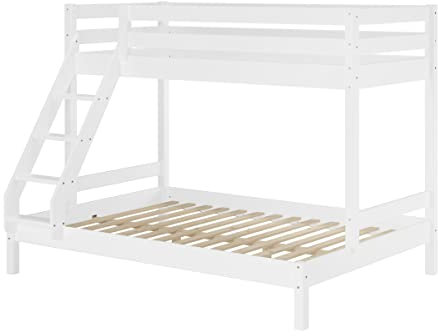 Erst-Holz Doppel-Etagenbett 140x200 und 90x200 Erwachsenen-Stockbett Kiefer Massivholz weiß V-60.18W-09-14, Ausstattung:Rollrost inkl.