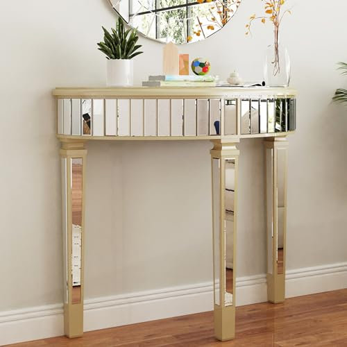 Artloge Konsolentisch Schmal Eingangstisch Gold Flurtisch Halbrund, Wohnzimmertisch Spiegelglas Sofatisch Luxus Modern Tisch für Schlafzimmer Arbeitszimmer 90×80×35cm