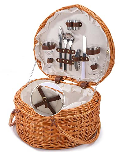 Herz-Picknickkorb, Picknickkorb, 2-Personen-Set mit waschbarem Futter, Geschirr mit doppelten Schaukelgriffen für Camping, Outdoor, Valentinstag, Weihnachten, Erntedankfest, Geburtstag – 39,9 x 34,9