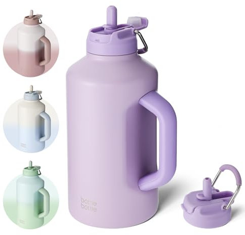BOTTLE BOTTLE Isolierte Wasserflasche mit Strohhalm und doppeltem Deckel, Sport-Edelstahl-Wasserflasche mit Griff, Vakuum-Edelstahl, für Workout, Fitnessstudio, Fußball und mehr Sport, Violett