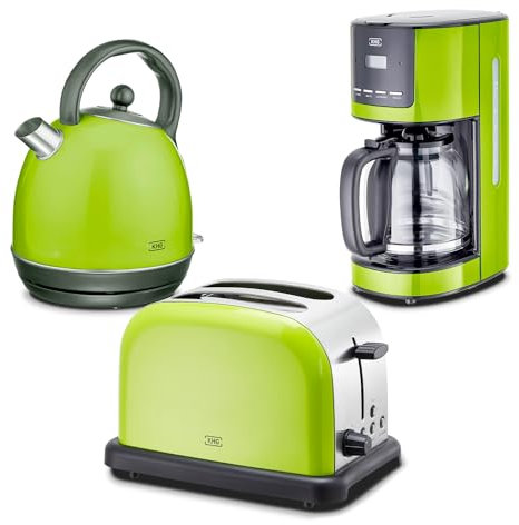 KHG Retro Frühstücksset | Toaster 2 Scheiben, 7 Bräunungsstufen 850W | Wasserkocher 1,7 Liter mit Abschaltautomatik 2200W | Kaffeemaschine 1,5 Liter Glaskanne 1000W | 3-teilig Lime Grün