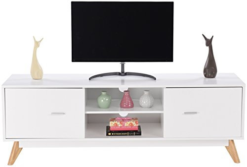 COSTWAY Mueble TV Salon, Soporte de TV hasta 60, Mesa de Consola de TV Moderna con 2 Puertas, Centro de Entretenimiento con Orificios para Gestión de Cables, Patas de Madera Maciza