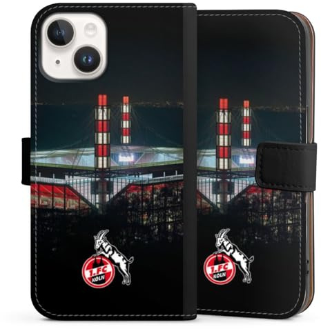 Klapphülle kompatibel mit Apple iPhone 14 Handyhülle aus Kunst Leder schwarz Flip Case 1. FC Köln Stadion Offizielles Lizenzprodukt
