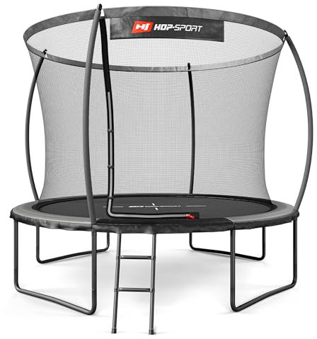 Hop-Sport Trampolin Outdoor Ø 305/366/427/488 cm - Trampolin mit innovativen, gebogenen Netzstangen, Sicherheitszertifikaten und Sicherheitsnetz (Grau/Schwarz, 305 cm)