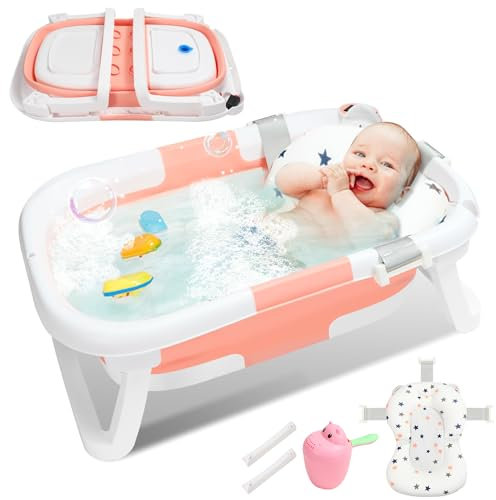 Daromigo Baignoire Bébé Pliable, Baignoire pour Bébé avec Thermomètre, Coussin, Rince Tete Bébé, Antidérapant BéBé Nouveau-né Enfants Bathtub de 0 à 36 mois, Ergonomique et Peu Encombrante, Rose