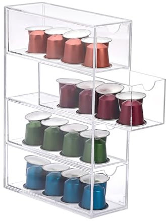 IGNPION 1pc Acrylic Coffee Pods Storage Box with 4 Drawer, Clear Kitchen Coffee Capsules and SugarPacket Holder with Lid, Stackable Small Desktop Organiser Drawer for Office, Batheroom, Dresser