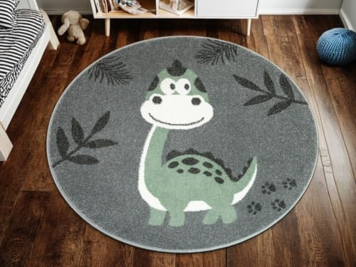 AKCILA Lima Runder Kinderteppich Grau Olivgrün mit Dinosaurier 140 cm | Runder Teppich für das Kinderzimmer, Kinderteppich für das Zimmer von Mädchen oder Jungen, Kinderteppich für Dinosaurier-Fans