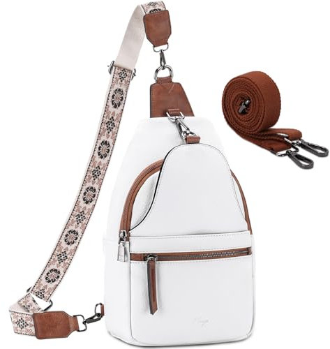 Kasgo Große Brusttasche Damen, Sling Bag PU Leder 5,6L Rucksack Cabriolet Crossbody Bag Umhängetasche Schultertasche Gürteltasche für Wandern Arbeit Sport Reise Weiß Braun