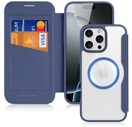 DUX DUCIS Hülle für iPhone 16 Pro Max Handyhülle Kompatibel mit MagSafe, Transparente Anti-Kratzer Leder Flip Klapphülle mit RFID-Sperre Schutzhülle Case für iPhone 16 Pro Max (6,9 Zoll, Blau)