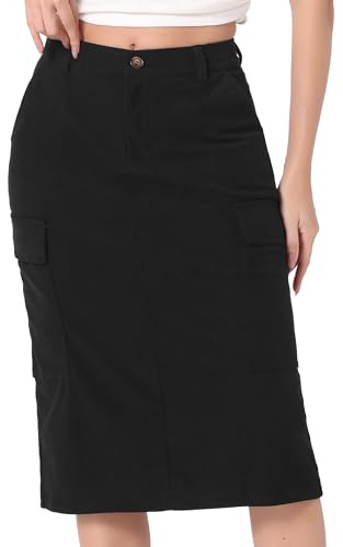 Allegra K Femme Jupe Cargo Velours Côtelé Taille Haute Élastique Midi