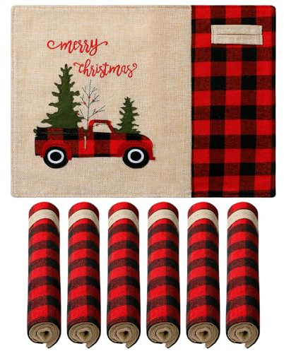 Weldomcor 6er Set Weihnachts Tischsets, Rot Plaid & Auto Weihnachten Platzdeckchen Set Sackleinen Hitzebeständig Platzsets für Weihnachten Esstisch Hochzeit Dinnerpartys Dekor 43x33 cm