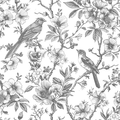 CHDITB Vintage Blumen Tapeten,Kolibrivögel Blumen Tapeten,Selbstklebend Blumen Wandstickers(44x300cm) Pflanzen Blüten Wandaufkleber,Grau Vinyl Wandsticker für Schlafzimmer Wohnzimmer Wanddeko