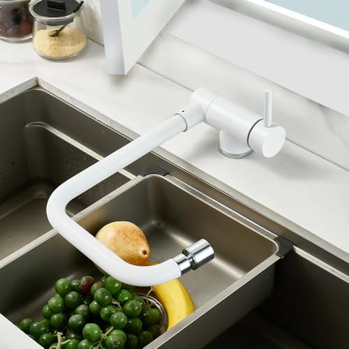 Maynosi Wasserhahn Küche, Vorfenster Küchenarmatur Klappbar mit 2 Strahlarten, Hochdruck Armatur Küche mit Kaltstart, Einhebel Amatur Küchenspüle 360° Drehbar, Spültischarmatur aus Edelstahl (Weiß)
