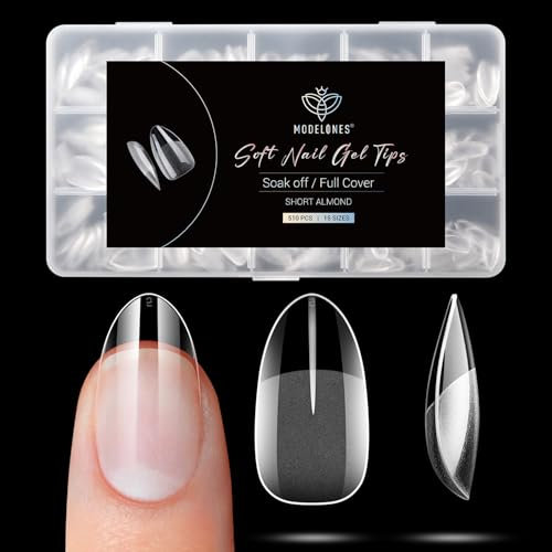 Modelones Almond Nail Tips -510Pcs Short Nail Tips for Gel Extensions Half Matte Full Cover Clear Acrylic Gel Kit False Press on Nails Manicure Salon DIY at Home 15 Sizes