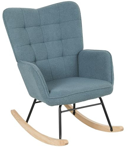 HOMCOM Schaukelstuhl, Schaukelsessel mit Berbervliesoptik, Armlehne, Gepolsterter Sessel mit Holzkufen, Relaxsessel für Wohnzimmer, Schlafzimmer, bis 120kg belastbar, Hellblau