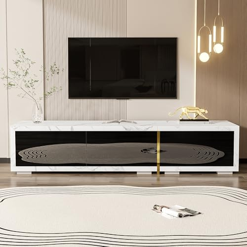 Mobile TV con lunghezza variabile (140-260 cm), funzione girevole, effetto marmo nero, finitura opaca bianca e oro (B)
