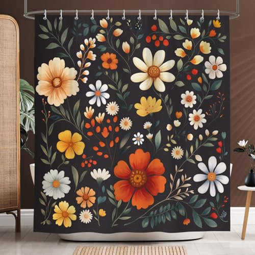Dazzlewall Rideau de Douche Fleurs Noires Vintage 180x180cm, Rideau de Bain Style Ferme Campagnarde, Polyester Imperméable Anti-Moisissures avec 12 Crochets